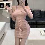 Lace Up Bandage Cross Women Slit Mini Dress One Shoulder Long Sleeve Knitting Bandage Front Sexy Streetwear Party Elegant