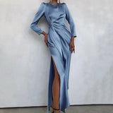 Satin Gown Split Wrap Maxi Dress Women Elegant Fashion Outfits Straight Club Party Long Sleeve Dresses