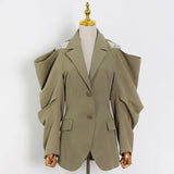 Solid Fold Pleated Women Coat Notched Long Sleeve Gathered Waist Cut Out Women's Blazer 2022 Fashion Clothing