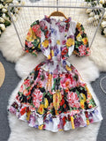 Summer Runway Holiday Beach Mini Dress Women's Stand Collar Short Sleeve High Elastic Waist Ruffles Short