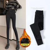Astetic Skinny Stretch Warm Fleece Jeans High Waist Woman Pencil Pants Streetwear Denim Trousers Vetement Femme Winter