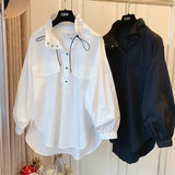 Autumn Stand Collar Blouse Commute Korean Loose Female Clothing Stylish Button Drawstring Basic Casual Long Sleeve