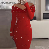 Women Off Shoulder Rhinestone Decoration Long Sleeves Mesh Patchwork Bodycon Midi Formal Party Dress-Outfit