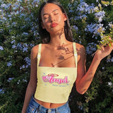 99% Angel Letter Print Crop Tops Yellow Cute Printed Camis Vest Women Cropped Top Off Shoulder Tops Tees Elastic