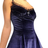 Women Ruffles Velvet Dress Summer 2023 Adults Fashion Retro Sleeveless Backless Spaghetti Strap V-Neck Lace Trim Bowknot Dress-Outfit