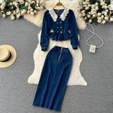 New Retro Suit Female Lace Doll-Collar Denim Jacket + Medium And Long Bag Hip Skirt