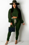 Casual Long Sleeve Hood Laced Up Crop Top And Pant
