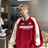 hiphop men red sweatshirt round neck racing suit spring and autumn trendy brand goth oversize top-Outfit