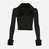 Women Short Cardigans Faux Fur Collar Crop Top Black Single Breasted Female Thin Sweater 2022 Spring Sexy Ladis