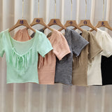 With Drawstring T-Shirt For Girls Summer New Retro French Style Collar Temperament Collar Collar Short Sleeve Top In