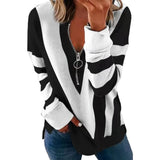Autumn Print Striped Sweatshirt V Neck Long Sleeve Half Open Zipper Sweatshirts Elegant Ladies Tops Outfits Outwear-Outfit