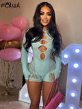 Summer Bodycon Jumpsuit Women 2022 One Piece Outfit Rompers Womens Jumpsuits Long Sleeve Diamond Hollow Out Blue