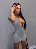 Sexy V-neck Short Sleeves Solid Knitted Mini Sheath Club