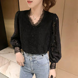 Size 4XL New Lace Blouse Women Korean Hollow Out V Neck Long Sleeve Shirt Ladies Spring Crochet Lace Solid Tops Blusa