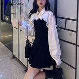 Women Clothing Sets Lantern Sleeve Short Loose Shirts with Black Solid 2023 Korean Fashion Women's Dress Two Piece Suit-Outfit