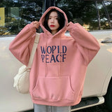 QWEEK 2021 Spring Autumn Oversized Letter Print Hoodies Women Plus Velvet Korean Style Streetwear Harajuku Hooded