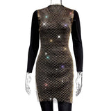 Toloer Women's Mesh Flash Diamond Round Collar Dress