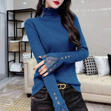 Solid Color Knitted Pullovers Casual Turtleneck Button Women's Clothing Slim Autumn Winter Fashion Lace Spliced T-shirt-Outfit