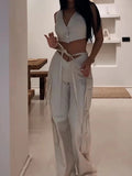 2 Pieces Sets Casual Crop Top And Pant Wide Leg Loose Pant Outfits 2 Pieces Sets Women Lace-up Pant With Pockets-Outfit