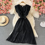 Summer Women Green/Red/Beige Pleated Midi Dress Vintage V-Neck Draped Party Robe Female Elegant Casual Vestidos New Fashion