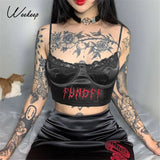 Gothic Punk Black Lace Frill Crop Top Summer Backless Spaghetti Strap Camisole Tee Women Embroidery Letter Vest