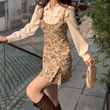 Fake Two Piece Dress Women Floral Print Vintage Party Mini Dress Female Korean Style Retro Designer Slim Chic Dress