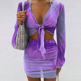 Mesh Long Sleeve Crop Top Mini Skirts Two Piece Holiday Matching Set Print Fashion Outfits See Through Y2K Bodycon