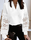 Lace Patchwork Pullover Shirt Blouse Women Spring V-neck Long Sleeve Shirts For Women 2024 Casual Black Mesh Print Blusa-Outfit