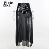 Sexy Mesh See Through Strappy Chain Slit Long Skirts for Women Rave Outfit Gothic Punk Clothes Black Skirt