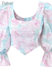 Cute Square Neck Puff Sleeve Short Blouse Woman 2023 Spring Summer New Vintage Slim High Waist Fairy Crop Top