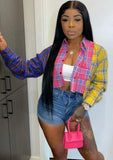 Contrast Plaid Button Long Sleeve Short