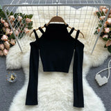 Women Korean Knitted Blouse Design Hollow Off Shoulder Long Sleeve Slim Tops Autumn Fashion Streetwear Short