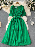 Green/White/Pink Summer New Lace Embroidery Dress Women Short Sleeves Dresses Female Vintage Party Beach Maxi Long