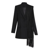 Black Blazer For Women Notched Collar Long Sleeve Patchwork Tassel Hem Solid Blazers Female Korean Fashion
