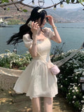 Lace Elegant Dress Women Chiffon Ruched Sweet Party Mini Dress Female Korean Fashion Puff Sleeve Slim Holiday Dress