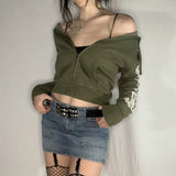 Grunge Fairycore Green Aesthetic Hoodies Women's Floral Printing Harajuku Zip Up Sweatshirts Streetwear Cropped