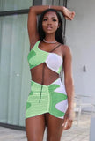 Sexy Sleeveless Crop Top Color Blocking GatheringTwo Piece Skirt