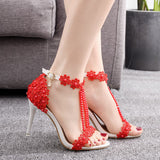 party Sandals Women White Lace Flowers Bridal Pearl Heel 9cm Fine High Heels Thin Bridal Pumps Wedding