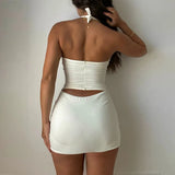 Sleeveless Backless Lace Up Sexy Slim Solid Crop Top Skirts 2 Pcs Set Summer Women Casual Outfit Sport
