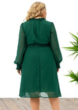 Elegant Plus Size Dot Print Round Neck Long Sleeve Midi