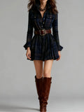 Women's Digital Printed Check-Shirt Dress Waist Pocket