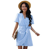 Plaid V-Neck Beletd-Bow