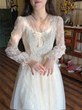 Elegant Sweet Dress Women Vintage Lace Party Midi Dresses Casual Slim Fit Holiday Fashion Long Sleeve Retro Dress