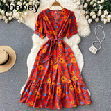 2022 Vintage Floral Print V Neck Bandage Dress Summer Midi Long Party Women High Waist Vestido De Festa Elegant