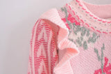 Winter Front Wood ears Ruffles Jacquard Cropped Sweater Vintage O neck Puff Sleeve Pullovers Short Jumper Knitwear-Outfit