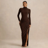 Women's Autumn And Winter New Solid Color Temperament High-Collar Before The Open Folding Dress