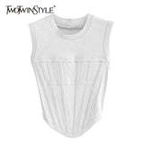 White Minimalist Patchwork T-shirt Female Round Neck Sleeveless Korean Fashion Slim Solid T-shirts For Women