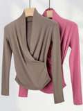 Toloer Quality Combed Cotton Cross V-Neck Long Sleeve Bottom Shirt Female Spring Elegant Wind Slim Inside A