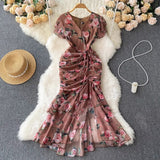 Retro Minority Design Rope Printing V-Collar Jumpsuit Skirt Summer Women's Dress Waist Hip Fishtail Skirt Tide-Outfit