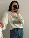 New Autumn Women Sweatshirt Letter Retro Printed Cotton White Sweatshirt Long Sleeve Round Neck Casual Pullover Tops-Outfit